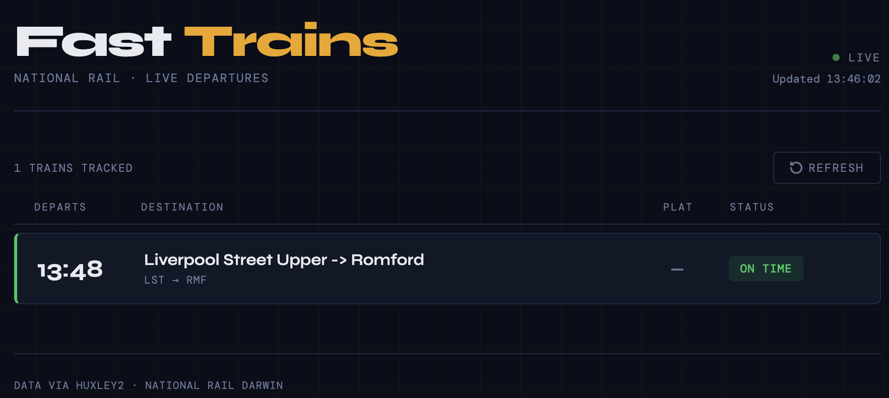 Screenshot of the fast trains filter showing a list of filtered train departures by platform